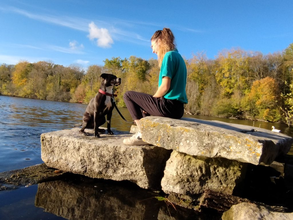 Maître et son chien au bord d'un lac.